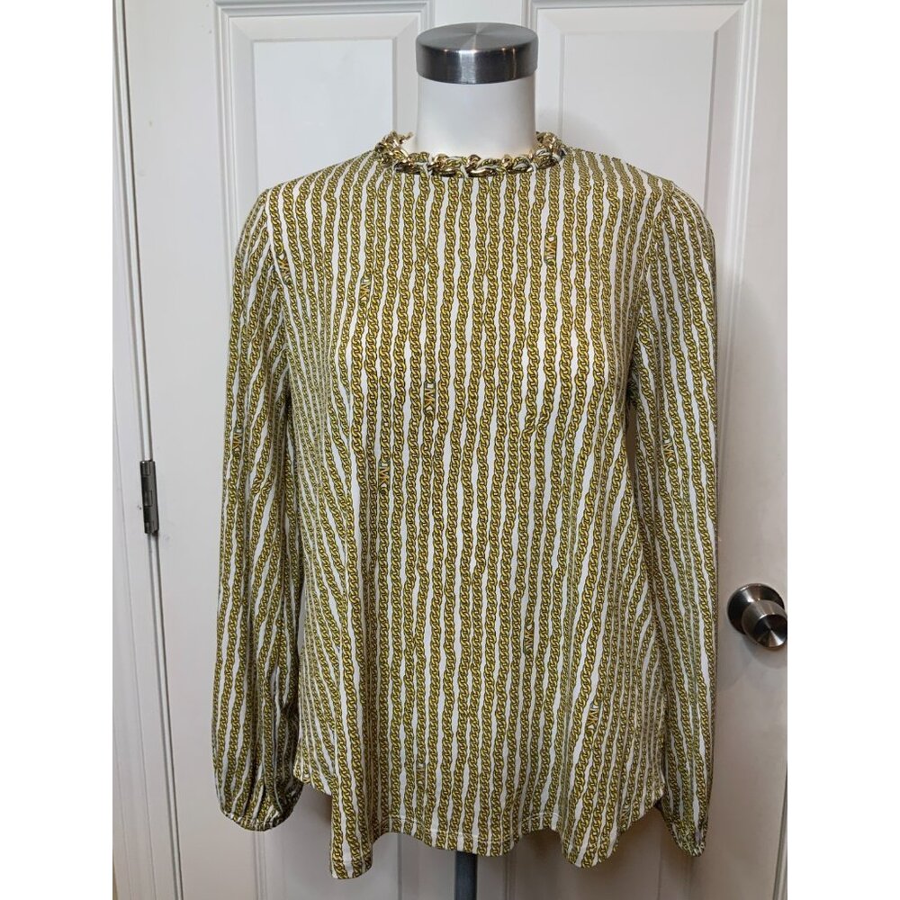 Michael Kors White & Gold Chain Print Top W/ Chain Neck $125, Size S, NWT!